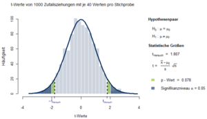 Abbildung 1: Verteilung der t-Werte und Darstellung des p-Wertes bei zweiseitiger Fragestellung